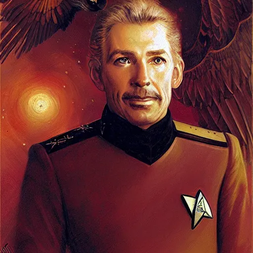 Image similar to a portrait of a bird birdman avian star trek captain. highly detailed painting by gaston bussiere, craig mullins, j. c. leyendecker, furry