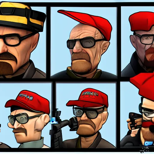 Image similar to walter white as team fortress 2 sniper, cartoonish, valve, 2 fort, sunny, red, sniper rifle, jarate, highly detailed