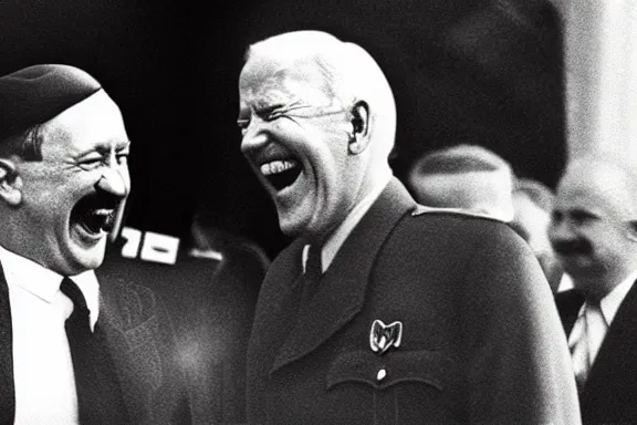 Image similar to “ very very intricate photorealistic photo of hitler and joe biden laughing together, detailed natural lighting, award - winning crisp details ”