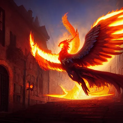 Image similar to Phoenix in fire flying through a medieval town by night, DnD character, unreal engine, octane render, dramatic lighting, pond, digital art, by Stanley Artgerm Lau, greg rutkowski, thomas kindkade, alphonse mucha, loish, norman Rockwell