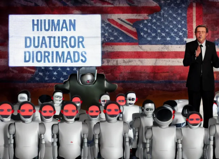 Image similar to dystopian propaganda style human robot dictator giving a speech to human robots next to two large flags with robot heads on them