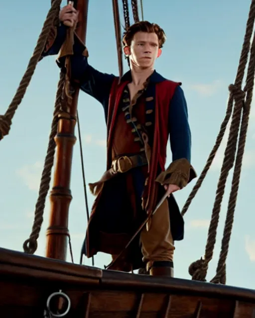 Image similar to film still of tom holland as a pirate, standing on the mast, cinematic lighting, sharp focus, highly detailed attributes and atmosphere