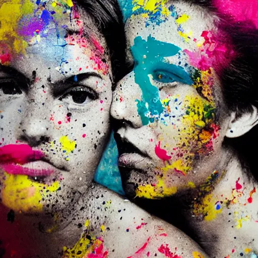 Prompt: double exposure of two women kissing ( closeup ) and an abstract painting, lomography. this photograph is subsequently printed out and splattered with paint. mixed media collage art with magazines and found art