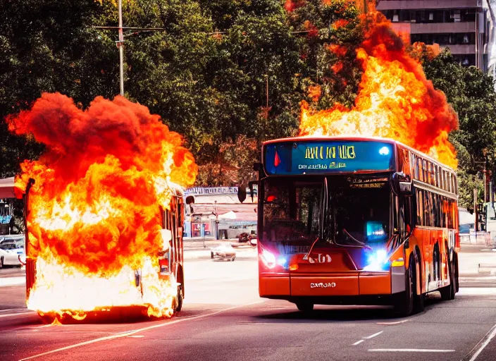 Prompt: a 3 5 mm photo of a city bus with the wheels and engine on fire, splash art, movie still, bokeh, canon 5 0 mm, cinematic lighting, dramatic, film, photography, golden hour, depth of field, award - winning, anamorphic lens flare, 8 k, hyper detailed, 3 5 mm film grain