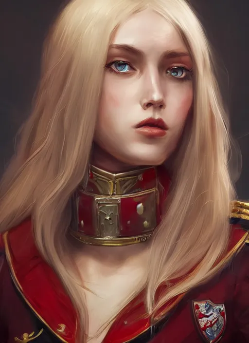 Prompt: a highly detailed illustration of beautiful long dirty blonde haired pale girl wearing red epaulette uniform, red eyes, dramatic seductive pose, intricate, elegant, highly detailed, centered, digital painting, artstation, concept art, smooth, sharp focus, league of legends concept art, WLOP