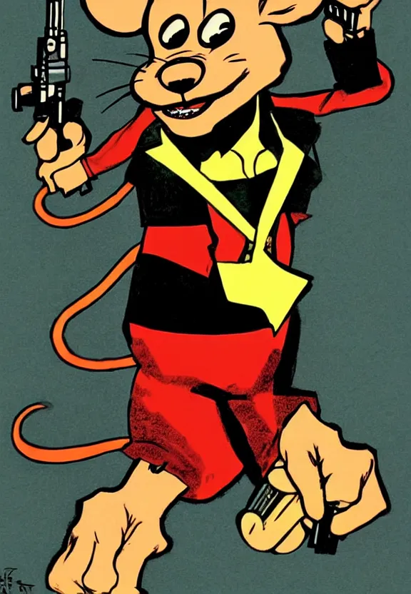 Prompt: an anthropomorphic mouse holding two guns, art by frank miller