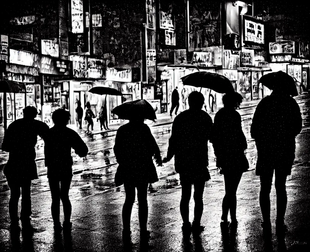 Prompt: night flash photography of punks on the lower east side in the rain!!! by Nick Silva and Margaret Keane, color photography, street photography, photorealistic, nighttime, rain, atmospheric,