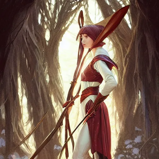 Prompt: beautiful natural coy cottagecore archer elf hooded longbow, intricate, elegant, highly detailed, digital painting, artstation, concept art, smooth, sharp focus, illustration, art by artgerm and greg rutkowski and alphonse mucha and loish and wlop