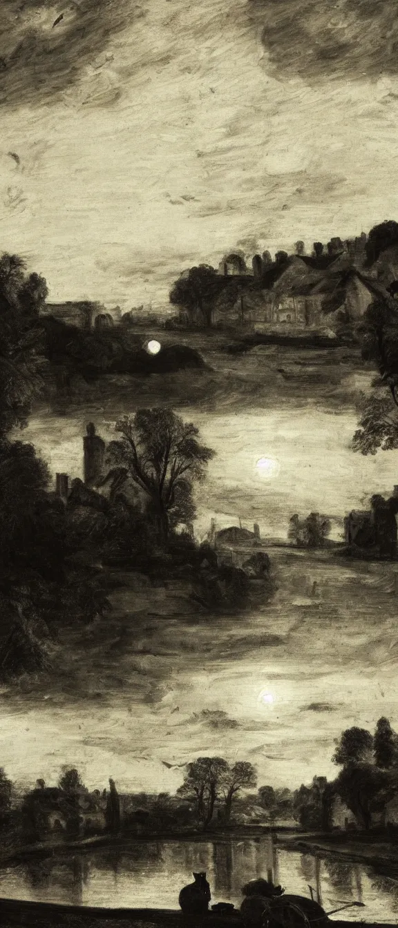 Prompt: a black and white cat floating over a river at dusk, low exposure, painting by john constable, pieter brueghel, dynamic lighting, beautiful render,