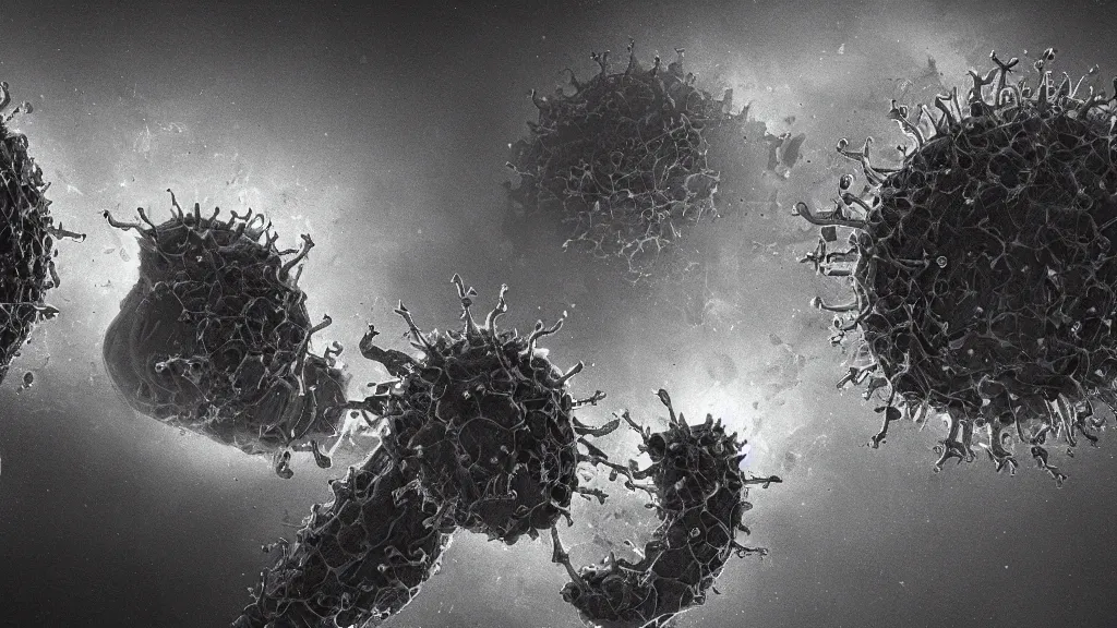 Image similar to a beautiful microscopic scientific photo of a coronavirus and a strange life form seen through an electron microscope, dark, sinister, detailed, art by Greg Rutkowski