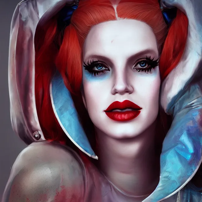 Image similar to portrait of lana del ray as a harley quinn. intricate abstract. intricate artwork. smooth. by Tooth Wu, wlop, beeple, dan mumford. octane render, trending on artstation, greg rutkowski very coherent symmetrical artwork. cinematic, hyper realism, high detail, octane render, 8k, iridescent accents