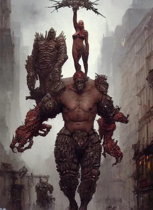 Prompt: full body portrait of martyn ford as huge towering bipedal horror beast with bulbous torso flaming hair wearing armour walks down city street, people flee, painted by ruan jia, raymond swanland, lawrence alma tadema, zdzislaw beksinski, norman rockwell, jack kirby, tom lovell, alex malveda, greg staples