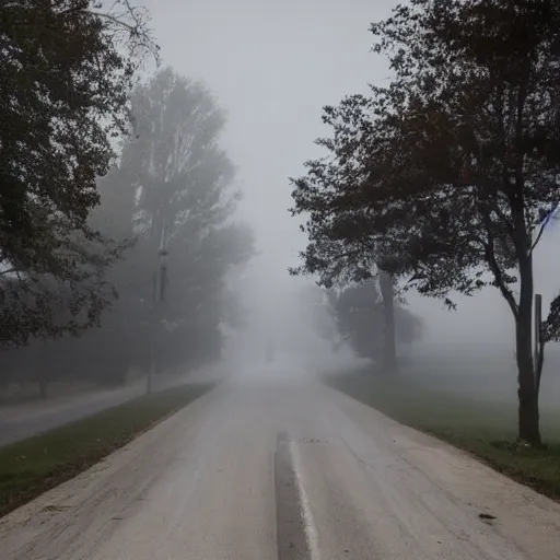 Prompt: classic small american town street from the 8 0 - s teenagers walking sinister wood in the background with an mystical aura and foggy weather