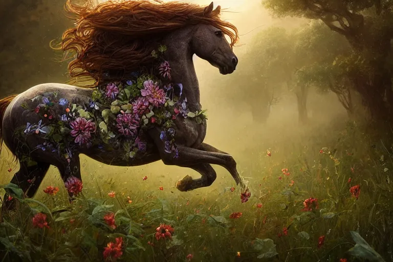 Prompt: a stunning horse with a mane of vines and flowers running through a meadow by greg rutkowski, high key lighting, volumetric light, digital art, highly detailed, fine detail, intricate, ornate, complex, octane render, unreal engine, photorealistic