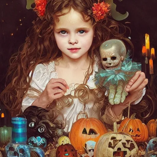 Image similar to a cute happy little girl with light brown wavy curly hair and blue eyes sitting amidst piles of halloween decorations. beautiful cute highly detailed face. halloween themed painting by artgerm and greg rutkowski and alphonse mucha.