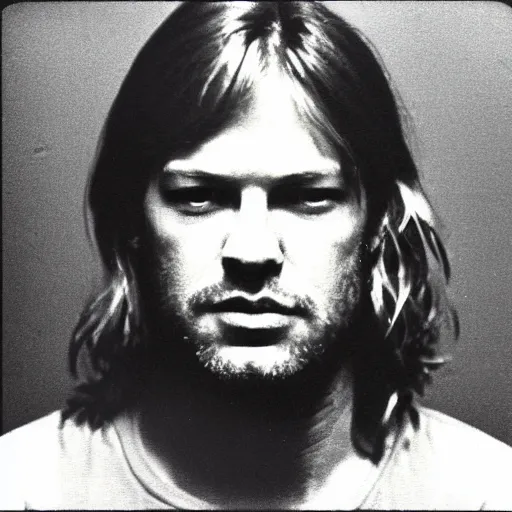 Image similar to Mugshot Portrait of David Gilmour, taken in the 1970s, photo taken on a 1970s polaroid camera, grainy, real life, hyperrealistic, ultra realistic, realistic, highly detailed, epic, HD quality, 8k resolution, body and headshot, film still, front facing, front view, headshot and bodyshot, detailed face, very detailed face