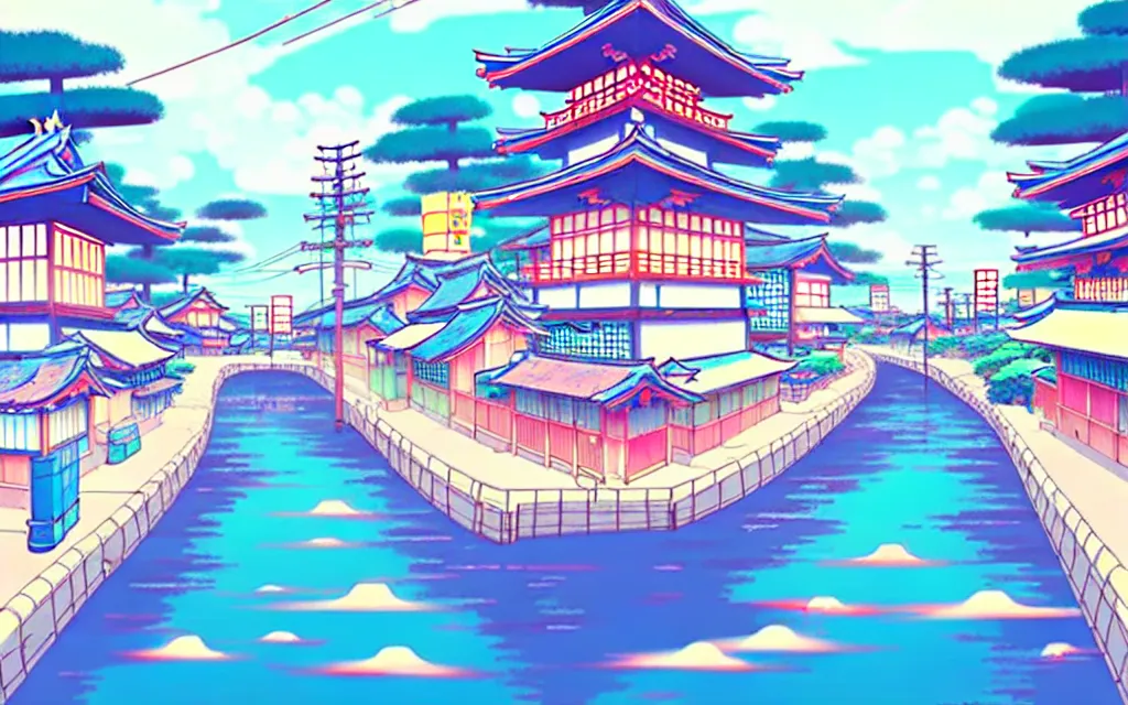 Image similar to a japanese city near the sea, lofi, dreamy, moody, very colorful, anime inspiration, ghibli vibe