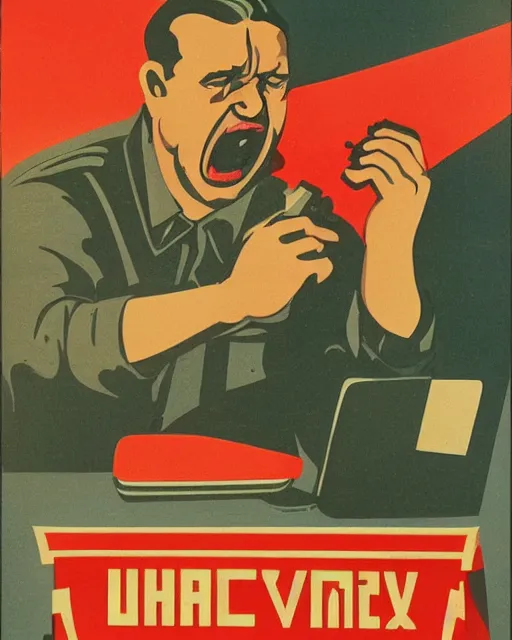 Image similar to soviet propaganda poster of an angry communist developer yelling at his computer