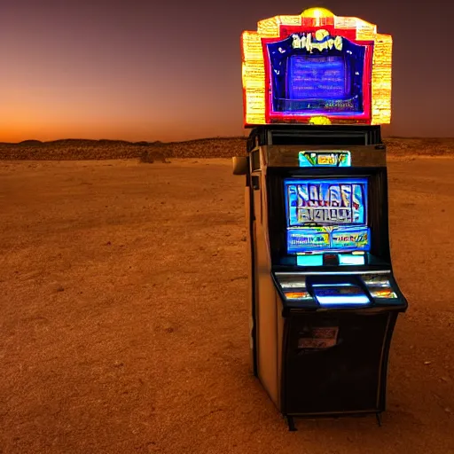 Image similar to a slot machine in the middle of a desert at night, wide shot, liminal space,