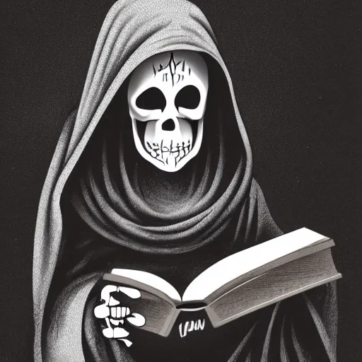 Image similar to Hooded figure with skeleton face reading a book, gothic