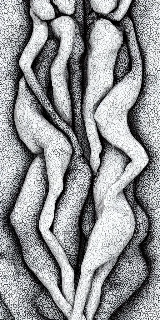 Image similar to bodies made of swirling fabric, two human bodies cuddling