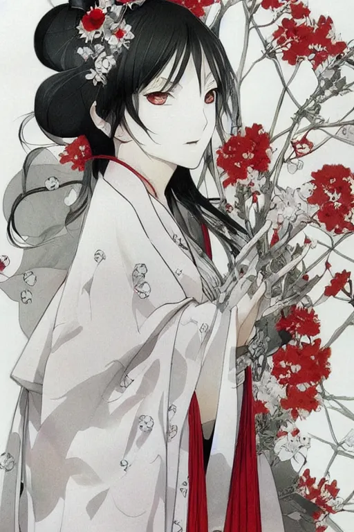 Prompt: beautiful girl, silver hair, white kimono with complex red flower patterns, full body, looking to camera, showing her shoulder from back, ilustration by ((((Takehiko Inoue)))) ((and Krenz Cushart))