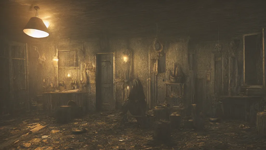 Prompt: A witch in the shadows of a dark decrepit cottage at night, highly detailed interior, hyperrealistic, Lumion render, 8k UHD