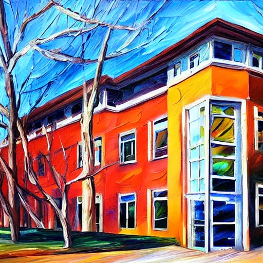 Prompt: young building, camosun college, in victoria bc, painted by leonid afremov