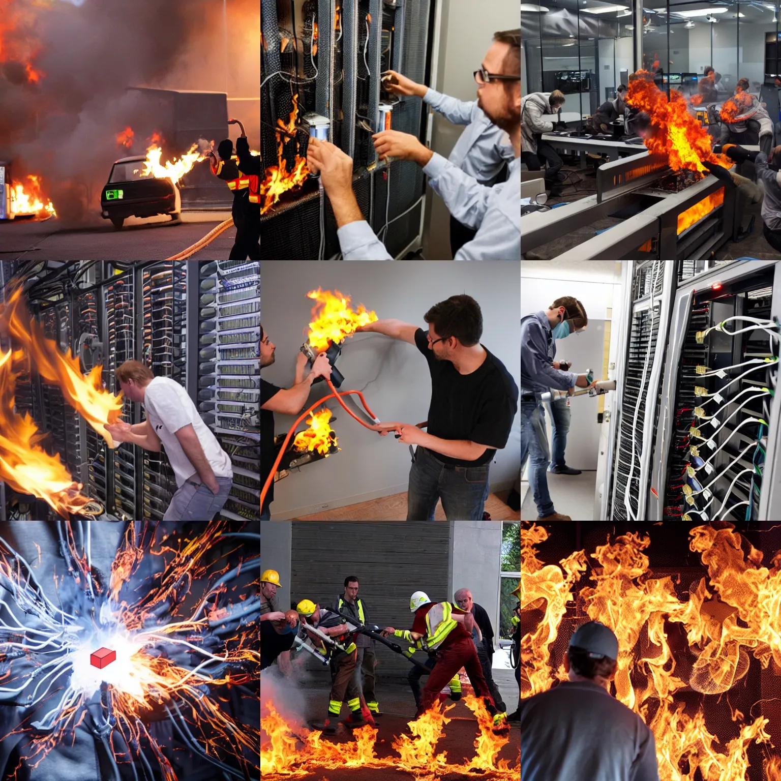 Prompt: stable diffusion developers frantically trying to extinguish burning servers