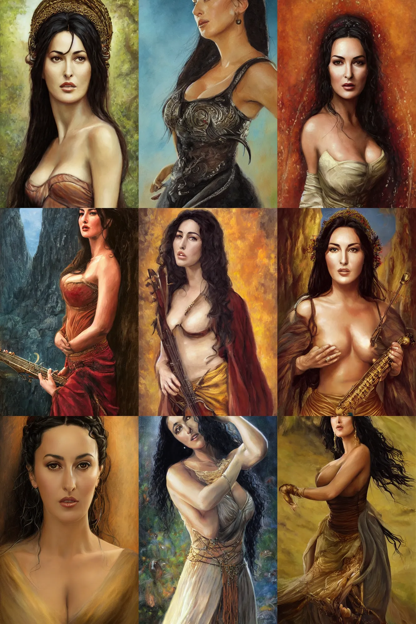 Prompt: a full body high detail fantasy portrait oil painting illustration of young monica bellucci as a beautiful sophisticated singing bard woman by justin sweet with face and body clearly visible, in a scenic background, pupils visible, realistic proportions, d & d, rpg, forgotten realms, artstation trending, high quality, sombre mood, artstation trending, muted colours, entire person visible!