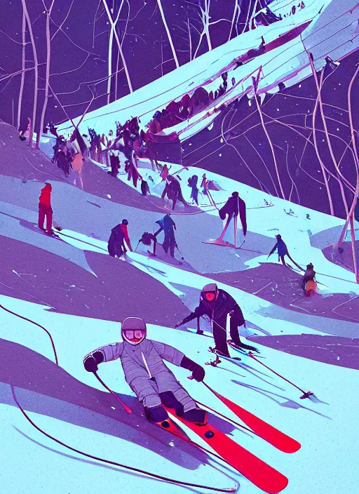 Image similar to by moebius and atey ghailan | the bottom of a ski slope with a huge pile of tangled up skiers |