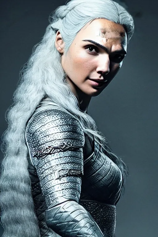 Prompt: the witcher woman, gal gadot, long white hair, silver wolf amulet