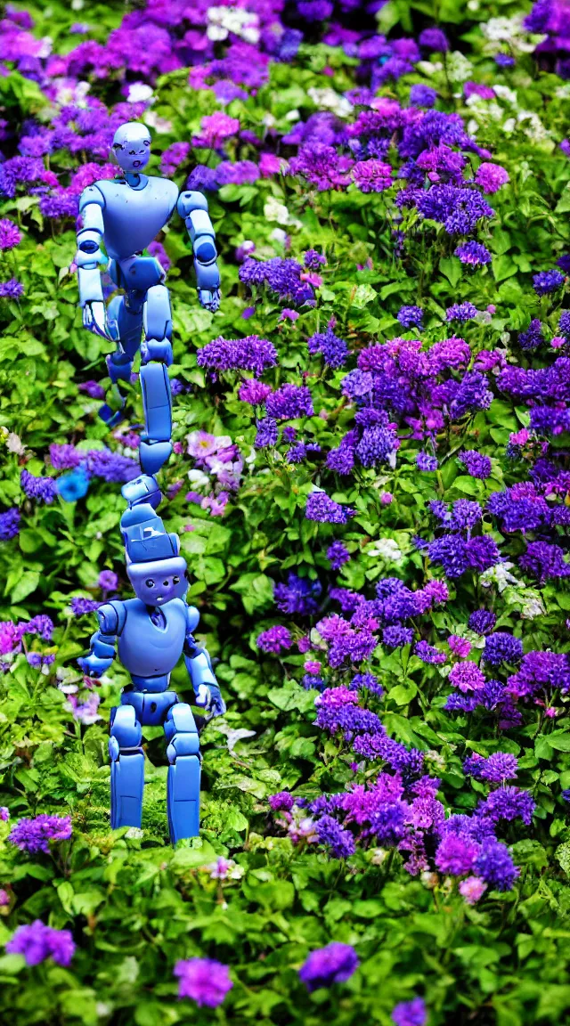 Prompt: toy humanoid robot in a garden, hyper detailed, sharp focus, bokeh, unreal engine, ray tracing, cute, fantasy, sci fi, purple flowers, blue flowers, violet flowers, glowing flowers, tiny, small, hyper realistic, sky