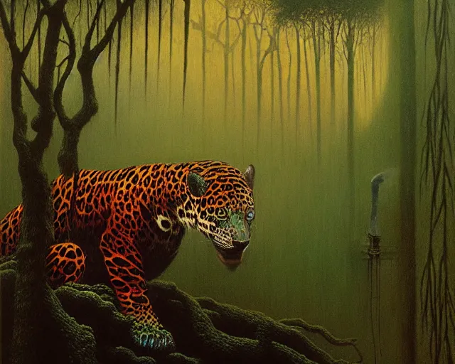 Image similar to Beksinski painting. Jaguar in a dark misty jungle, painted by Beksinski