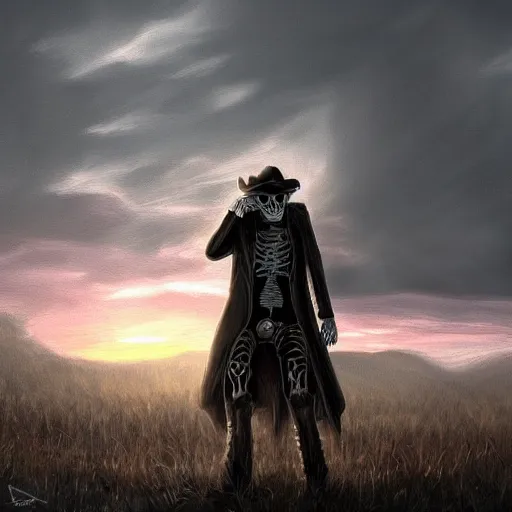 Image similar to a wounded skeleton cowboy in a long coat watching a sunset, concept art, DeviantArt, art station, illustration, highly detailed, artwork, cinematic, hyper realistic