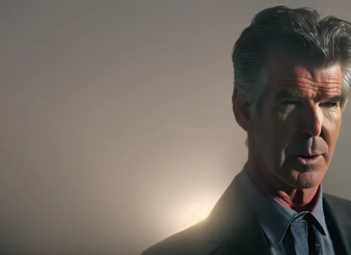 Image similar to film footage of pierce brosnan as giant monster in a foggy city, eerie, 8 k, 8 5 mm f 1. 8, studio lighting, rim light, right side key light