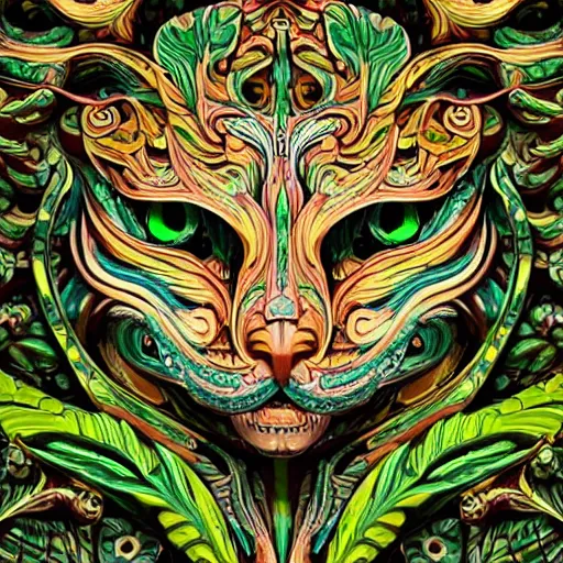 Prompt: beautiful colourful highly detailed incredibly ornate decorative cat face green man 3 d sculplture by walter crane and william morris and kilian eng, closeup, twisting leaves, tiny fine flowing lines, abstract psychedelic, 8 k, artstation