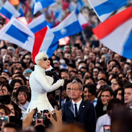 Image similar to Lady Gaga as president, Argentina presidential rally, Argentine flags behind, bokeh, giving a speech, detailed face, Argentina