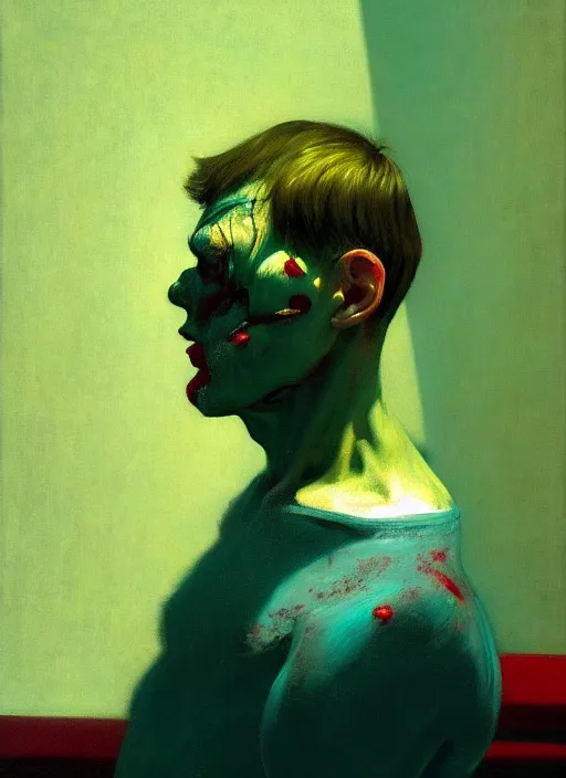 Image similar to he dreams of all the battles won, but fate had left its scars upon his face, depth of field, hauntingly surreal, highly detailed oil painting, by francis bacon, edward hopper, adrian ghenie, glenn brown, soft light, 8 k hd, cinematic composition, cinematic lighting in red, green and blue colours