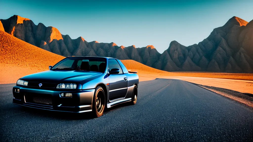 Image similar to three quarter front photo of a stock dark grey nissan r 3 2 skyline gtr on a road in a desert with a mountain in the background in the early morning, car photography, zoom lens, blue hour, photorealistic