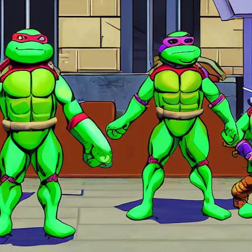 Image similar to teenage mutant ninja turtles in new york, 6 4 - bit style, video game.