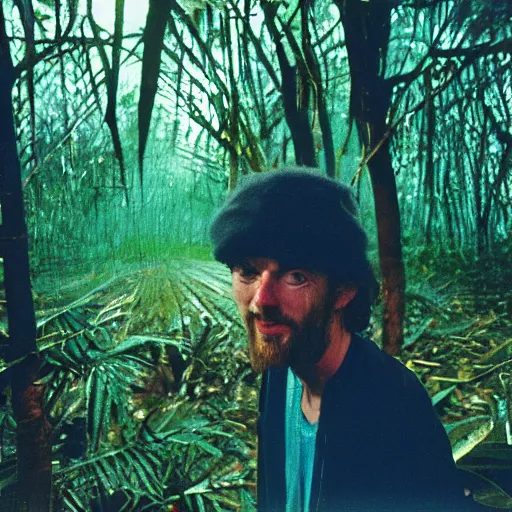 Image similar to portrait of a mad high guy on drugs in the middle of a blue jungle at night in rain photographed by Andrej Tarkovsky, kodak 5247 stock