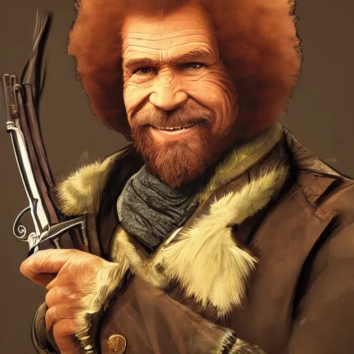 Image similar to an ultra detailed vector image of bob ross dressed as the hunter from bloodborne, concept art by alphonse mucha and greg rutkowski, praise the blood moon, octane render,