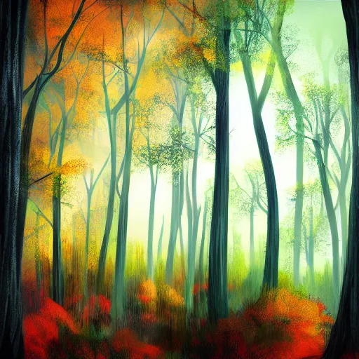 Prompt: a sunset in the forest, digital art