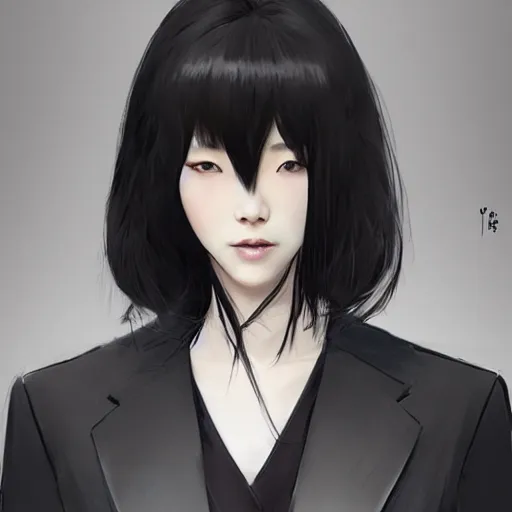 Image similar to portrait of a beautiful korean girl wearing a men's tuxedo, with bangs, very long hair and bangs, angular features, angry expression, dramatic lighting, illustration by Greg rutkowski, yoji shinkawa, 4k, digital art, concept art, trending on artstation