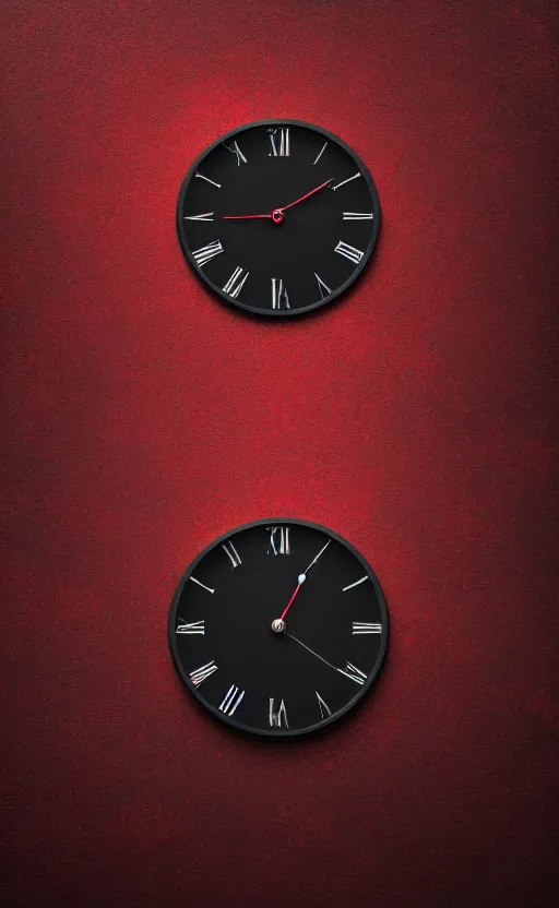 Image similar to a melting Roman numeral clock, behind a red and black gradient background, awith a black heart shaped on the top left corner and a black diamond card shape in the bottom right corner, dynamic lighting, photorealistic fantasy concept art, trending on art station, stunning visuals, cinematic, creative, ultra detailed