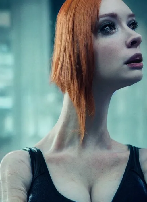 Prompt: facing the camera!!! upper body photograph portrait of a very pretty!!! christina hendricks in cyberpunk 2 0 7 7, dynamic pose, shiny skin, oily, symmetric face!!, petzval lens, sharp focus, smooth, space station. by alesio albi and george lucas and stanley kubrick