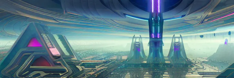 Image similar to a sprawling cybernetic temple, a large hi - tech city, and a river surrounded by fractal mountains, volumetric clouds, cybernetic faces, vaporwave aesthetic, colorful, psychedelic, digital painting, artstation, concept art, smooth, sharp focus, illustration, art by artgerm and greg rutkowski and alphonse mucha