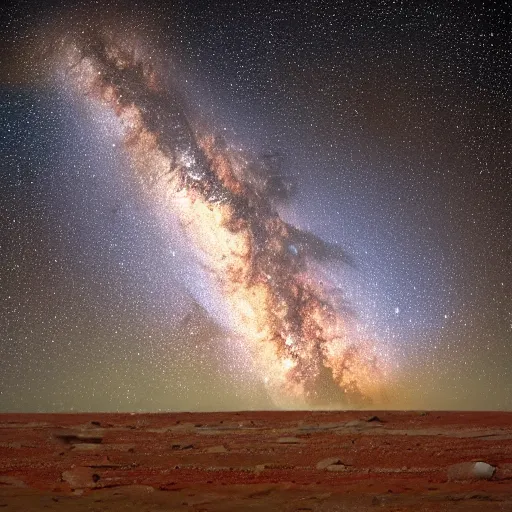 Prompt: Milky Way as seen in the night sky of an alien planet, NASA true color image