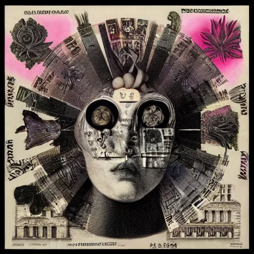 Image similar to post - punk new age album cover, asymmetrical design, dollar bank notes, capitalism, magic, apocalypse, psychedelic, black white pink, magic, giger h. r., giuseppe arcimboldo